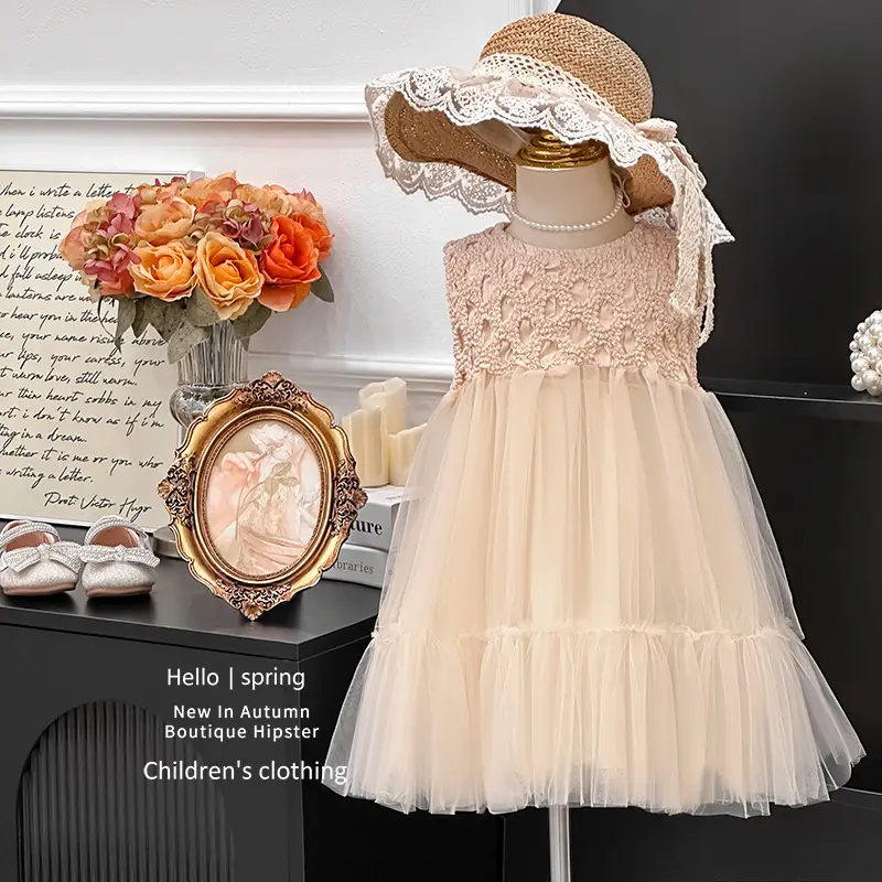 Girls' Dress 2025 Summer New Korean Version Sleeveless Mesh Princess Dress, Little Girl's Stylish Patchwork Puffy Skirt