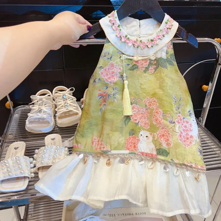 Children's Hanfu Skirt 2025 Girls' Traditional Chinese Tang Costume Retro Little Rabbit Fake Two Piece Tank Top Skirt