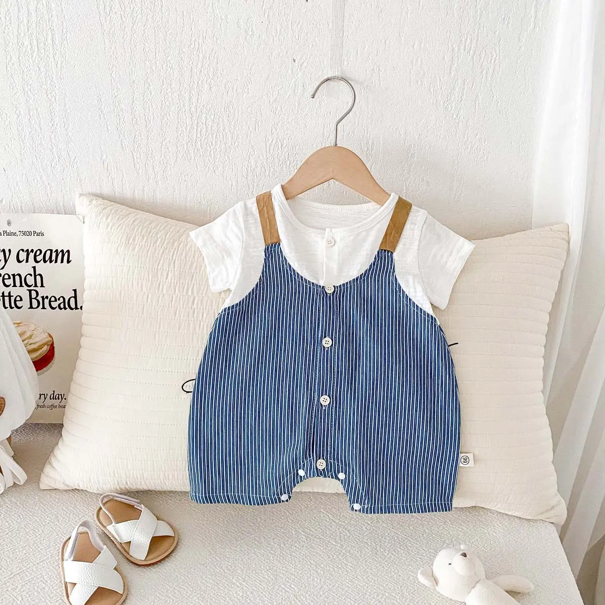 Baby Jumpsuit Summer Short Sleeved Thin Men's Baby Clothes Striped Straps Fake Two Pieces Outdoor Climbing Clothes Romper