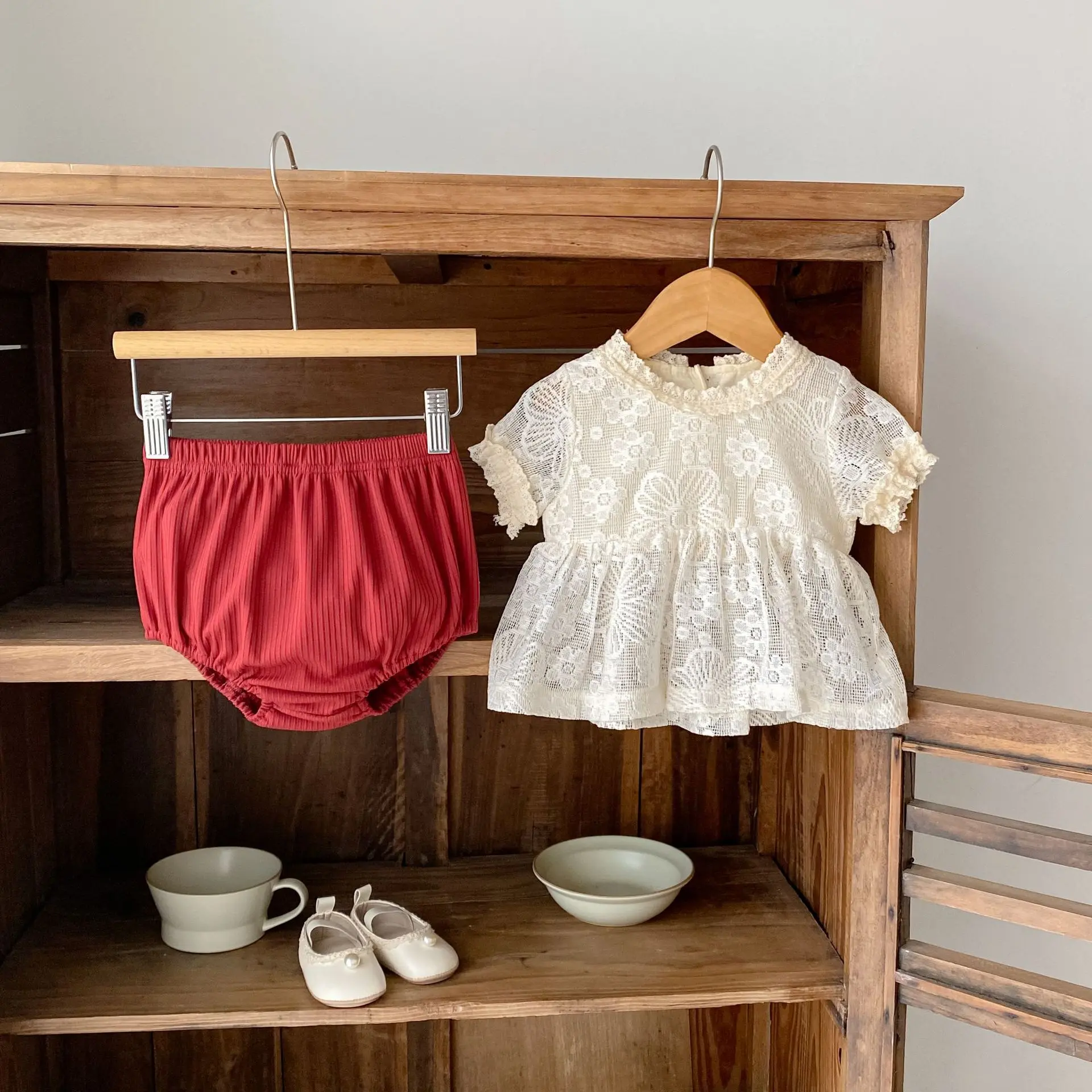 Baby Girl Summer Outfit 2025 New Set, Girls' Stylish Summer Hollow Lace Top+baggy Pants Two-piece Set