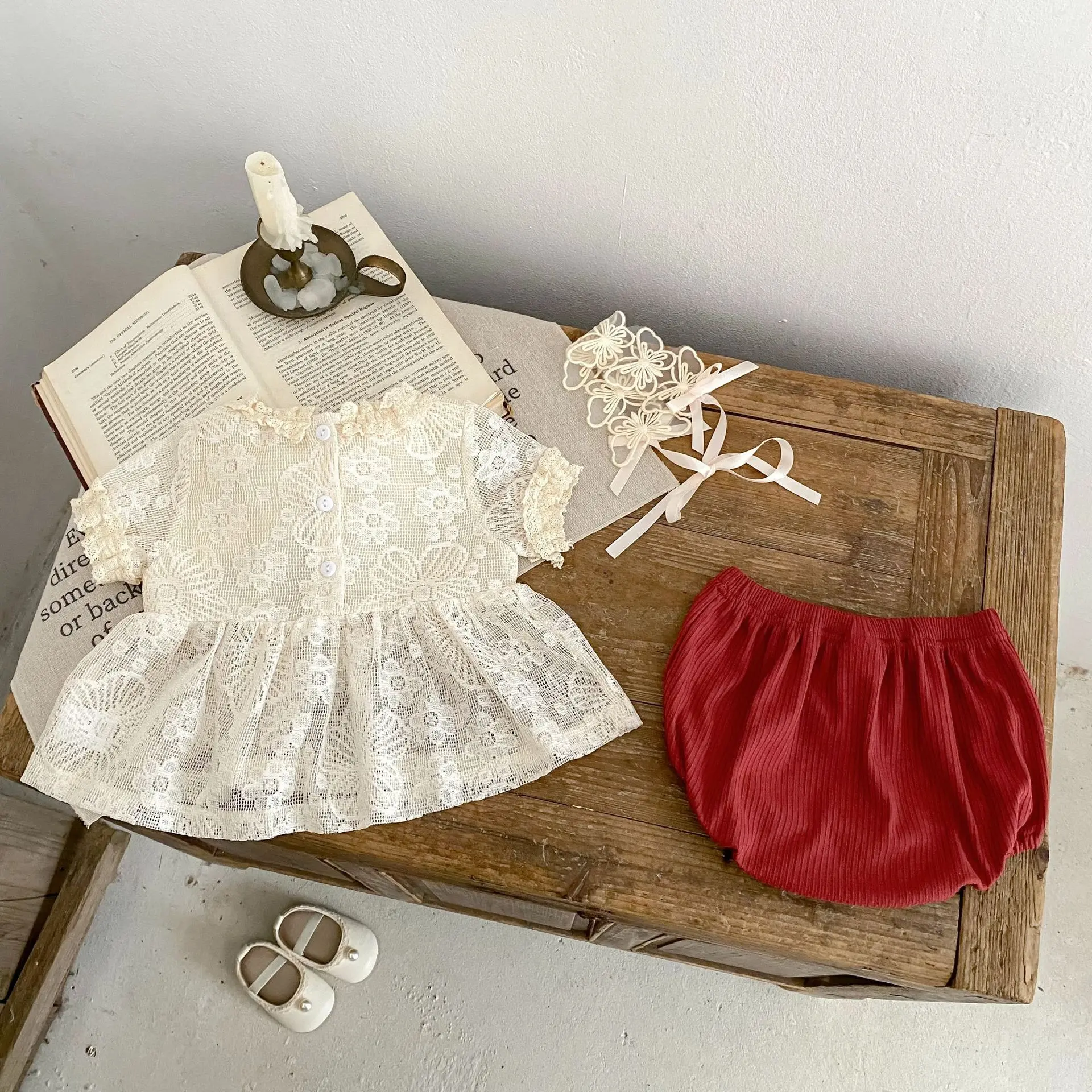 Baby Girl Summer Outfit 2025 New Set, Girls' Stylish Summer Hollow Lace Top+baggy Pants Two-piece Set