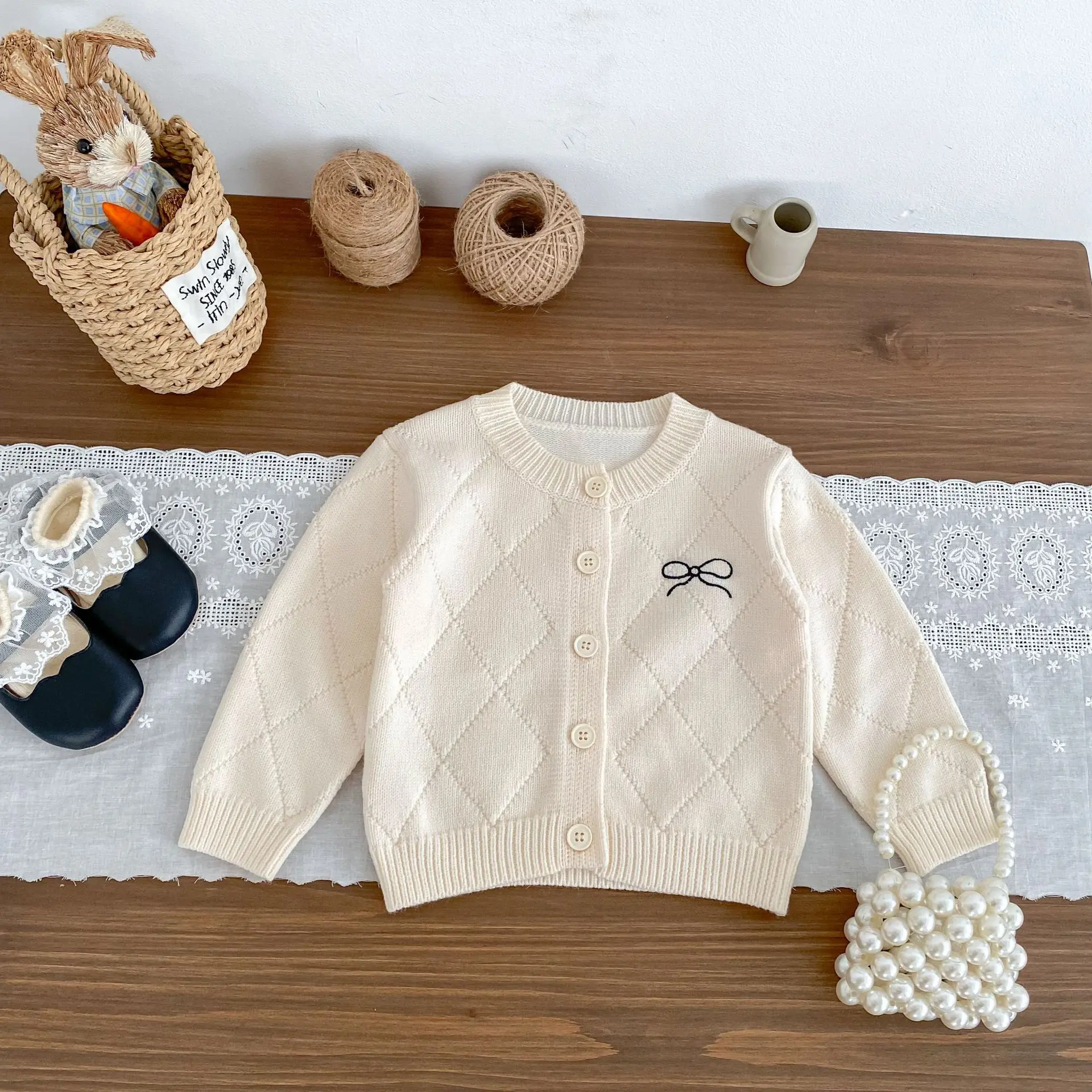 2025 Autumn New Baby Knitted Coat Female Baby Western Bow Sweater Cardigan Flared Pants Two-piece Set