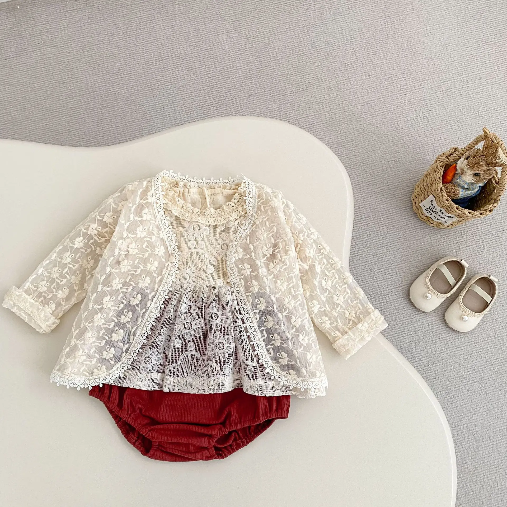Baby Girl Summer Outfit 2025 New Set, Girls' Stylish Summer Hollow Lace Top+baggy Pants Two-piece Set