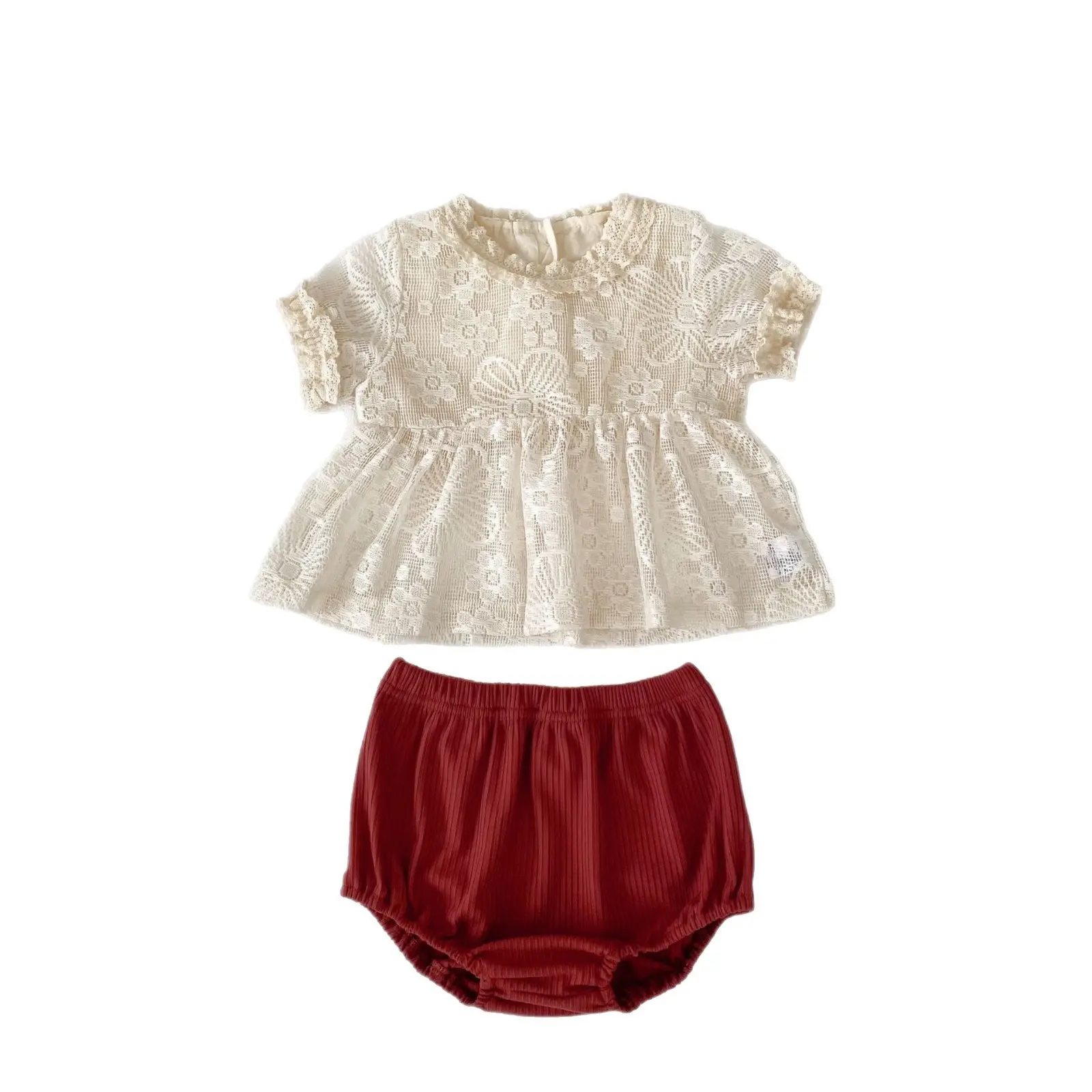 Baby Girl Summer Outfit 2025 New Set, Girls' Stylish Summer Hollow Lace Top+baggy Pants Two-piece Set