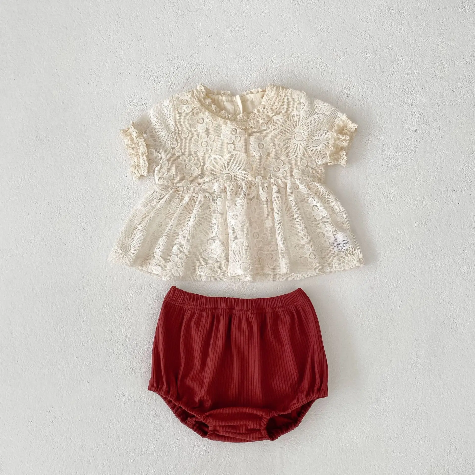 Baby Girl Summer Outfit 2025 New Set, Girls' Stylish Summer Hollow Lace Top+baggy Pants Two-piece Set