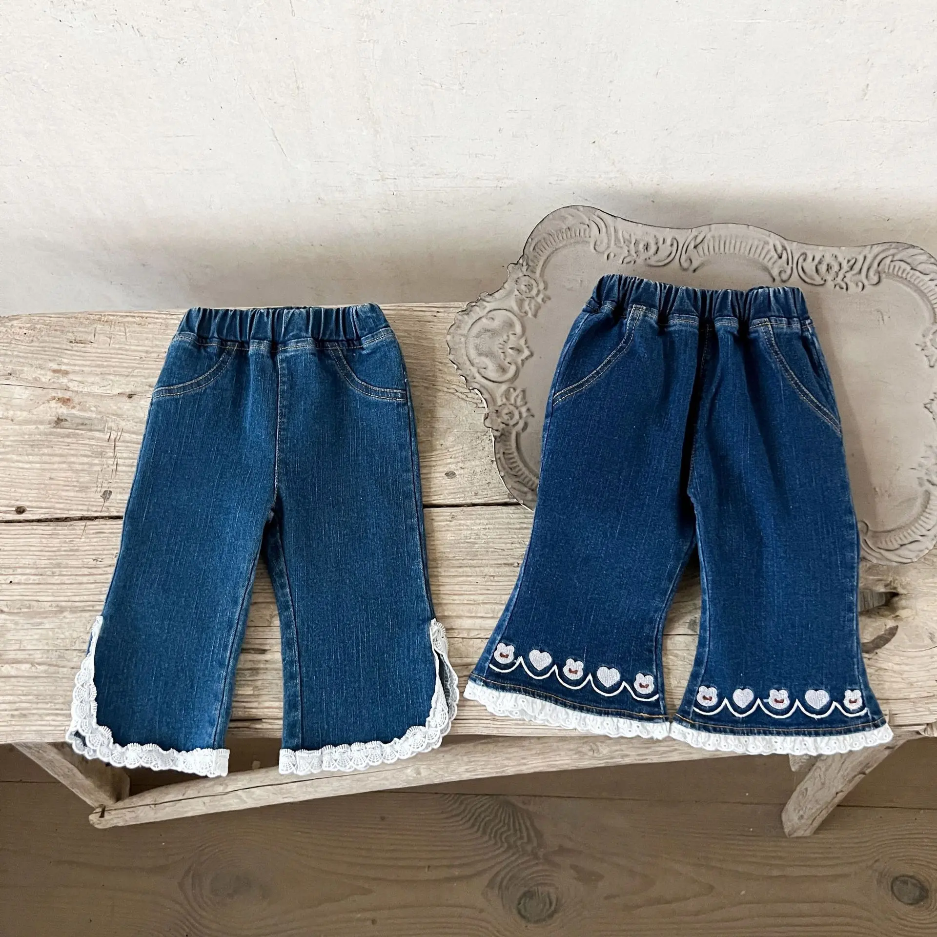 Girls' Jeans 2025 Autumn New Fashionable and Versatile Baby Girl Micro Flared Pants Korean Version Lace Jeans