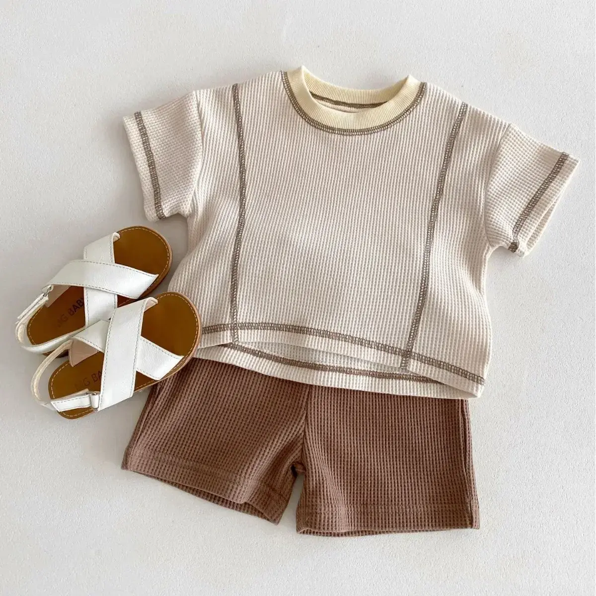 Korean Style Unisex Baby Summer Loose Fashion Waffle Grid Pants 2-Piece Set Infant Short Sleeve T-shirt Outfit