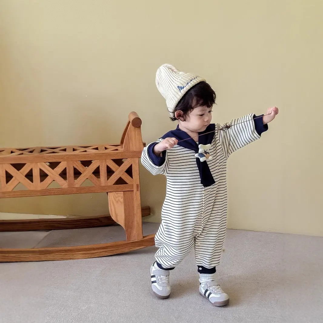 Baby Striped Jumpsuit 2025 New Autumn Baby Navy Collar Doll Crawling Suit Newborn One Year Old Clothes