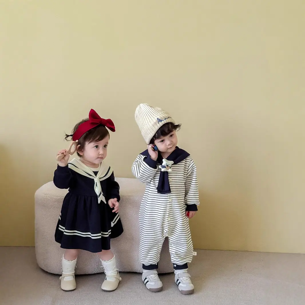 Baby Striped Jumpsuit 2025 New Autumn Baby Navy Collar Doll Crawling Suit Newborn One Year Old Clothes