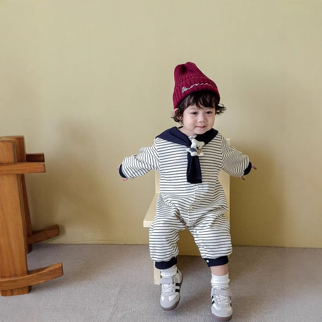 Baby Striped Jumpsuit 2025 New Autumn Baby Navy Collar Doll Crawling Suit Newborn One Year Old Clothes