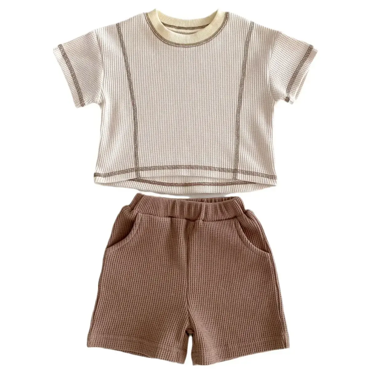 Korean Style Unisex Baby Summer Loose Fashion Waffle Grid Pants 2-Piece Set Infant Short Sleeve T-shirt Outfit
