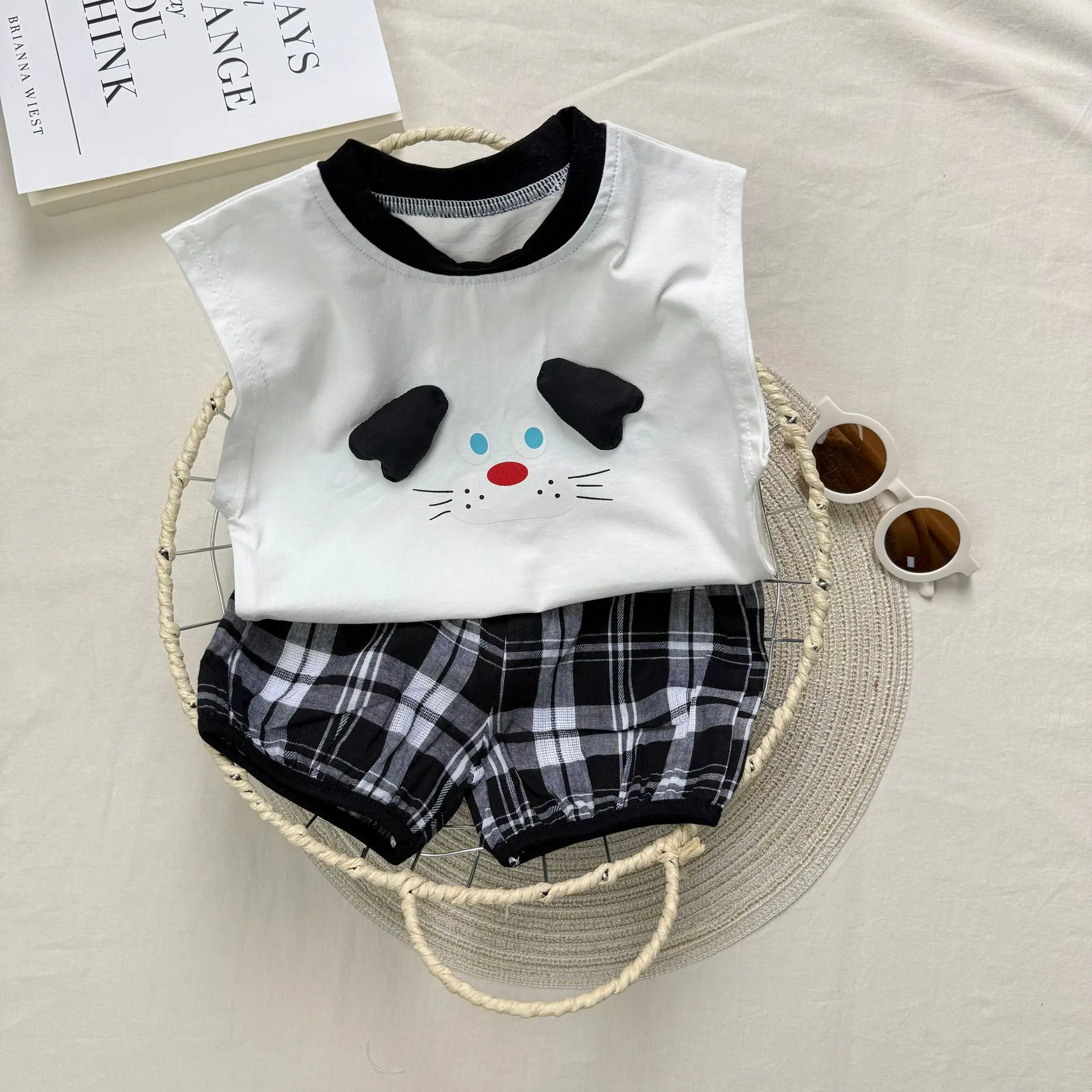 Korean Version Ins Children's Vest 2-piece Set for Boys and Girls, Vest+checkered Pants Set, Baby Cartoon Pattern