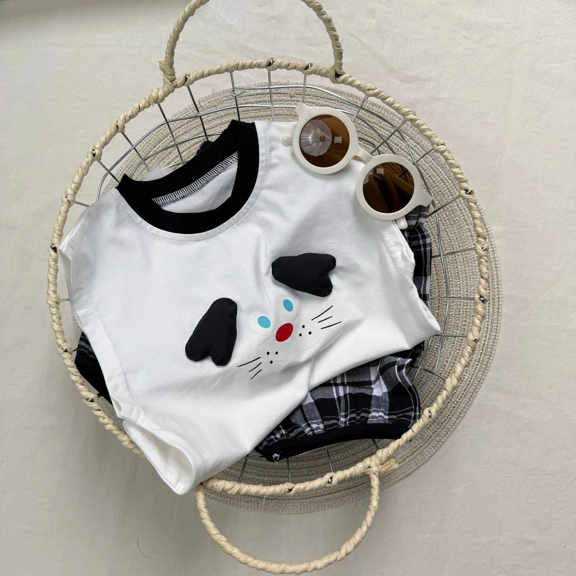 Korean Version Ins Children's Vest 2-piece Set for Boys and Girls, Vest+checkered Pants Set, Baby Cartoon Pattern