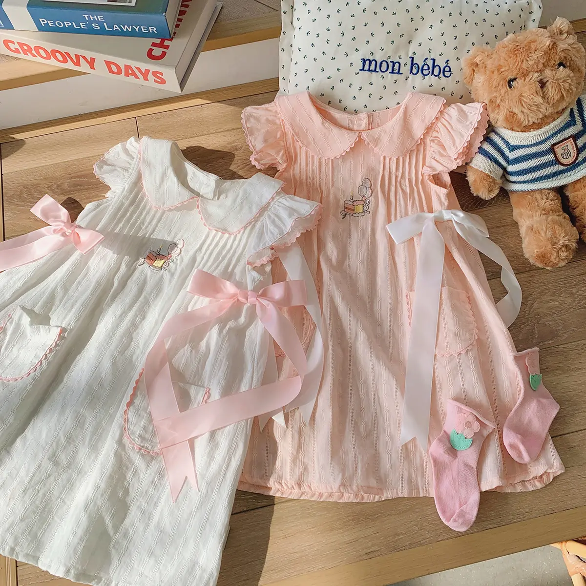 Children's Clothing Doll Collar Cake Embroidery Girls' Dress 2025 Summer Style Bow Sweet Children's Birthday Dress