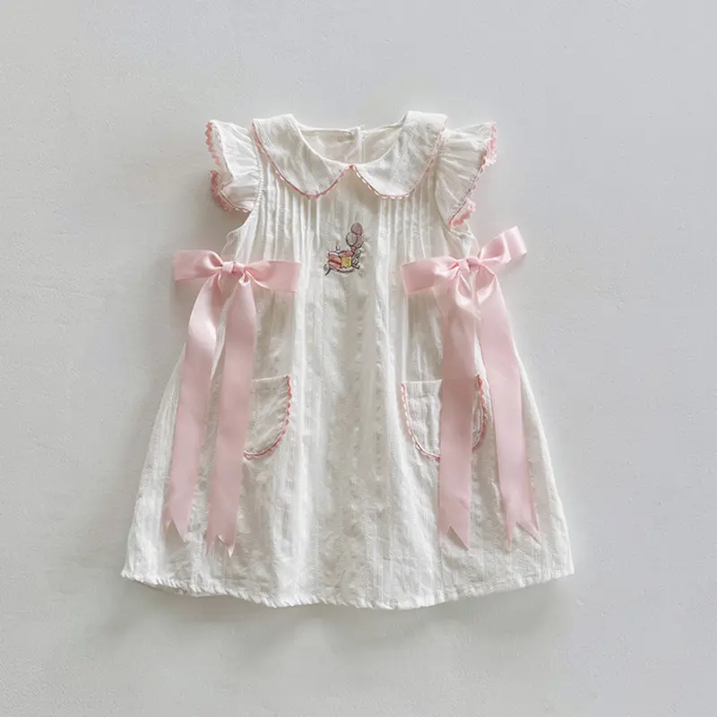 Children's Clothing Doll Collar Cake Embroidery Girls' Dress 2025 Summer Style Bow Sweet Children's Birthday Dress