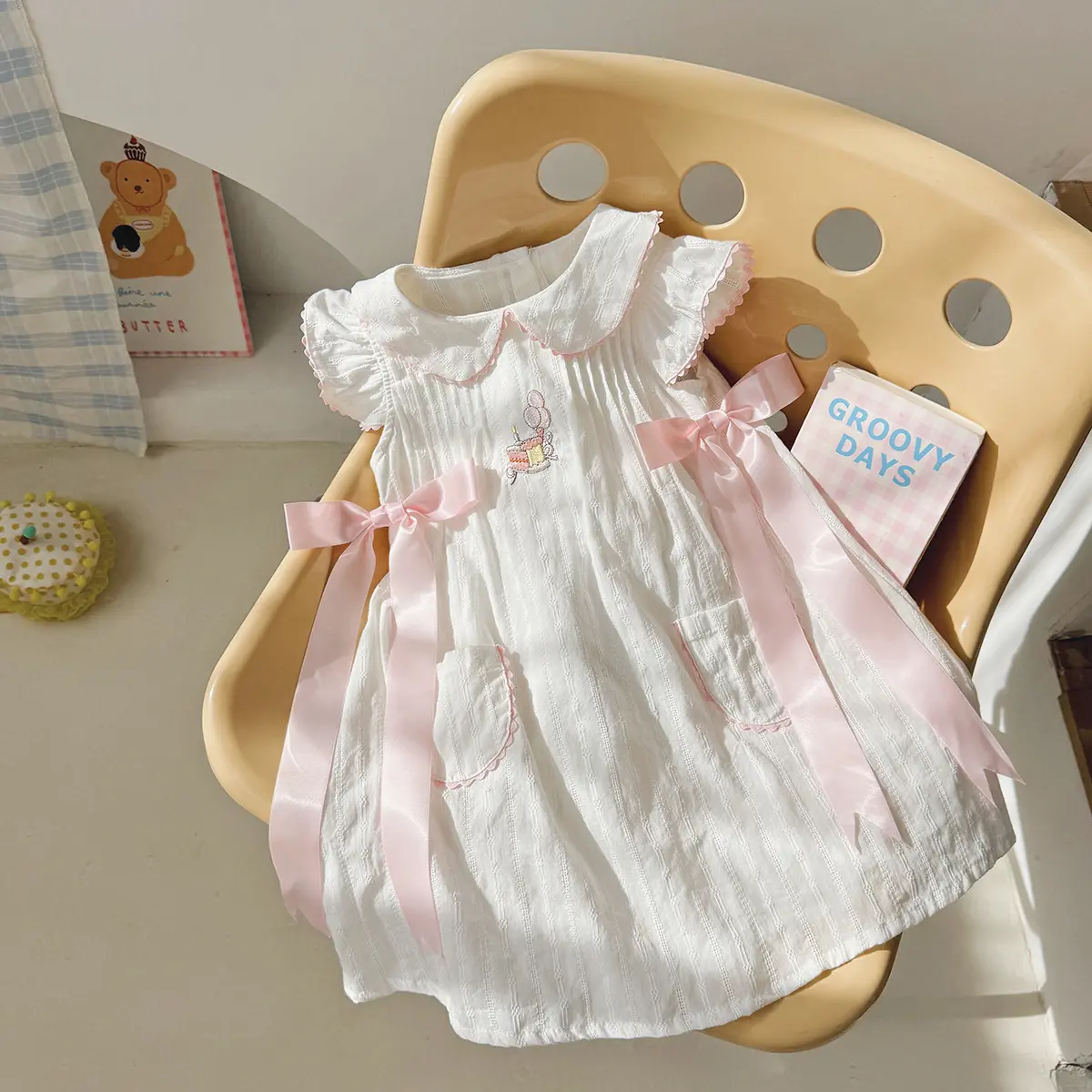 Children's Clothing Doll Collar Cake Embroidery Girls' Dress 2025 Summer Style Bow Sweet Children's Birthday Dress