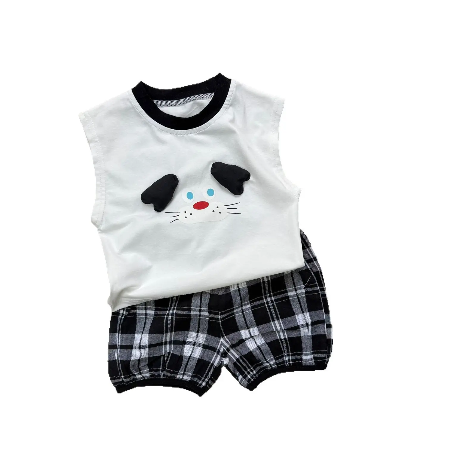 Korean Version Ins Children's Vest 2-piece Set for Boys and Girls, Vest+checkered Pants Set, Baby Cartoon Pattern