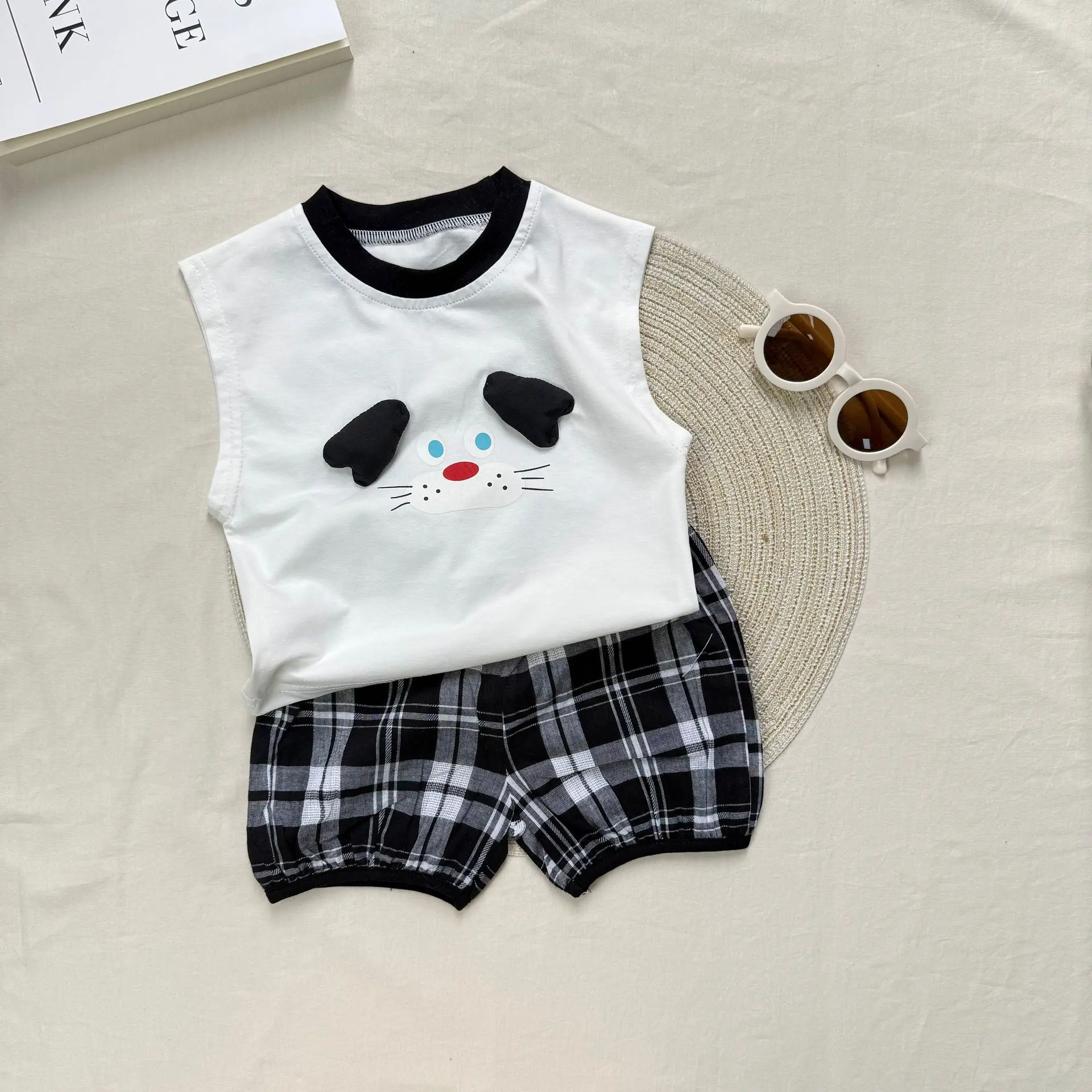 Korean Version Ins Children's Vest 2-piece Set for Boys and Girls, Vest+checkered Pants Set, Baby Cartoon Pattern