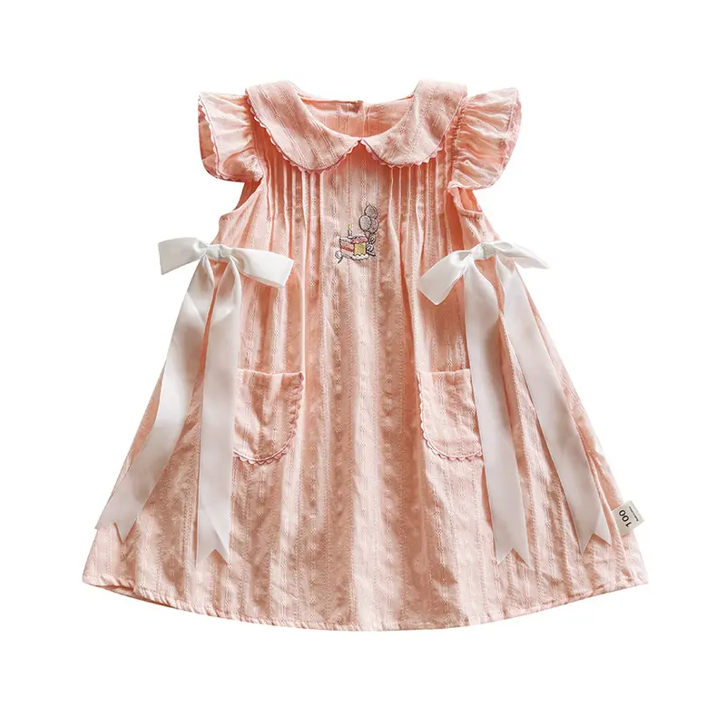 Children's Clothing Doll Collar Cake Embroidery Girls' Dress 2025 Summer Style Bow Sweet Children's Birthday Dress