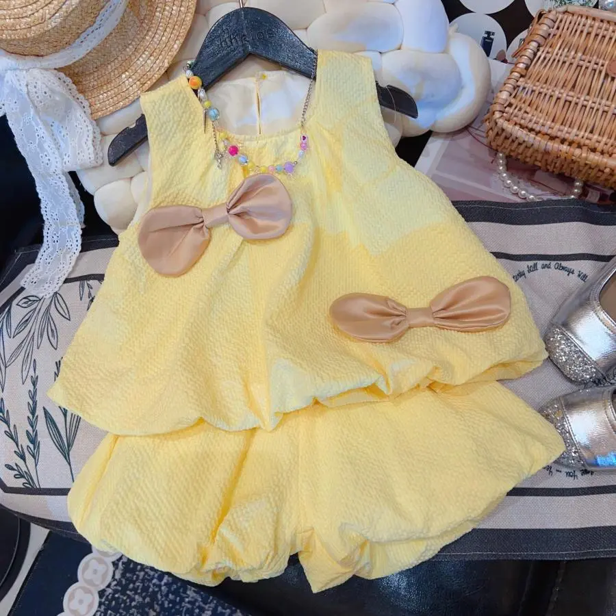 2025 Korean Style Girls' Stylish Summer Outfit, Cute Vest Skirt, Bow Shorts Two-piece Set
