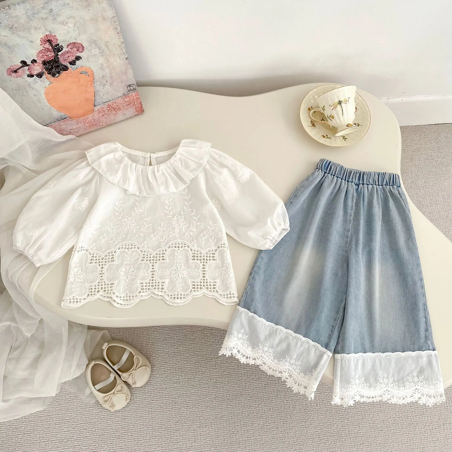 2025 Autumn Fashion Girls' Set New Women's Treasure Western Style Long Sleeve Shirt Lace Wide Leg Jeans Two Piece Set
