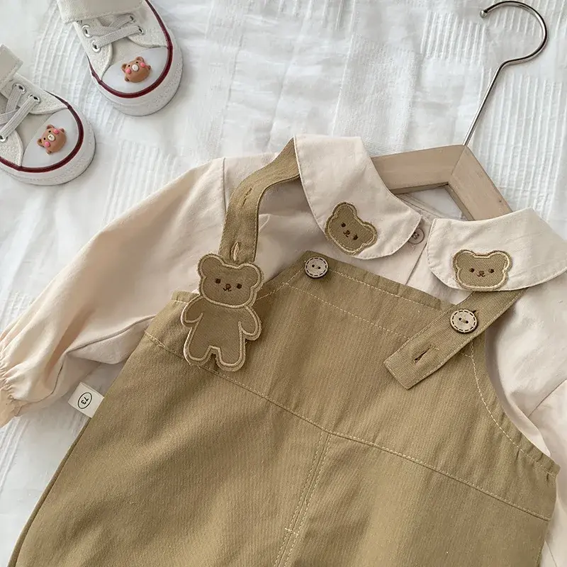 Autumn Kids Baby Girls Peter Pan Collar Embroidered Bear Knee-Length Dress or Shirt, Toddler Strap Overalls for Children Clothes