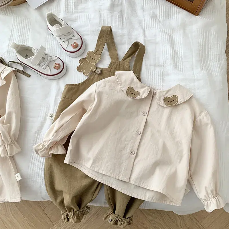 Autumn Kids Baby Girls Peter Pan Collar Embroidered Bear Knee-Length Dress or Shirt, Toddler Strap Overalls for Children Clothes