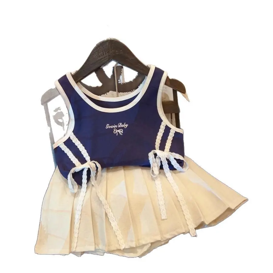 New Girls' Summer Set with A Trendy and Stylish 2025 Bow Vest and Pleated Skirt, Sleeveless Korean Two-piece Set