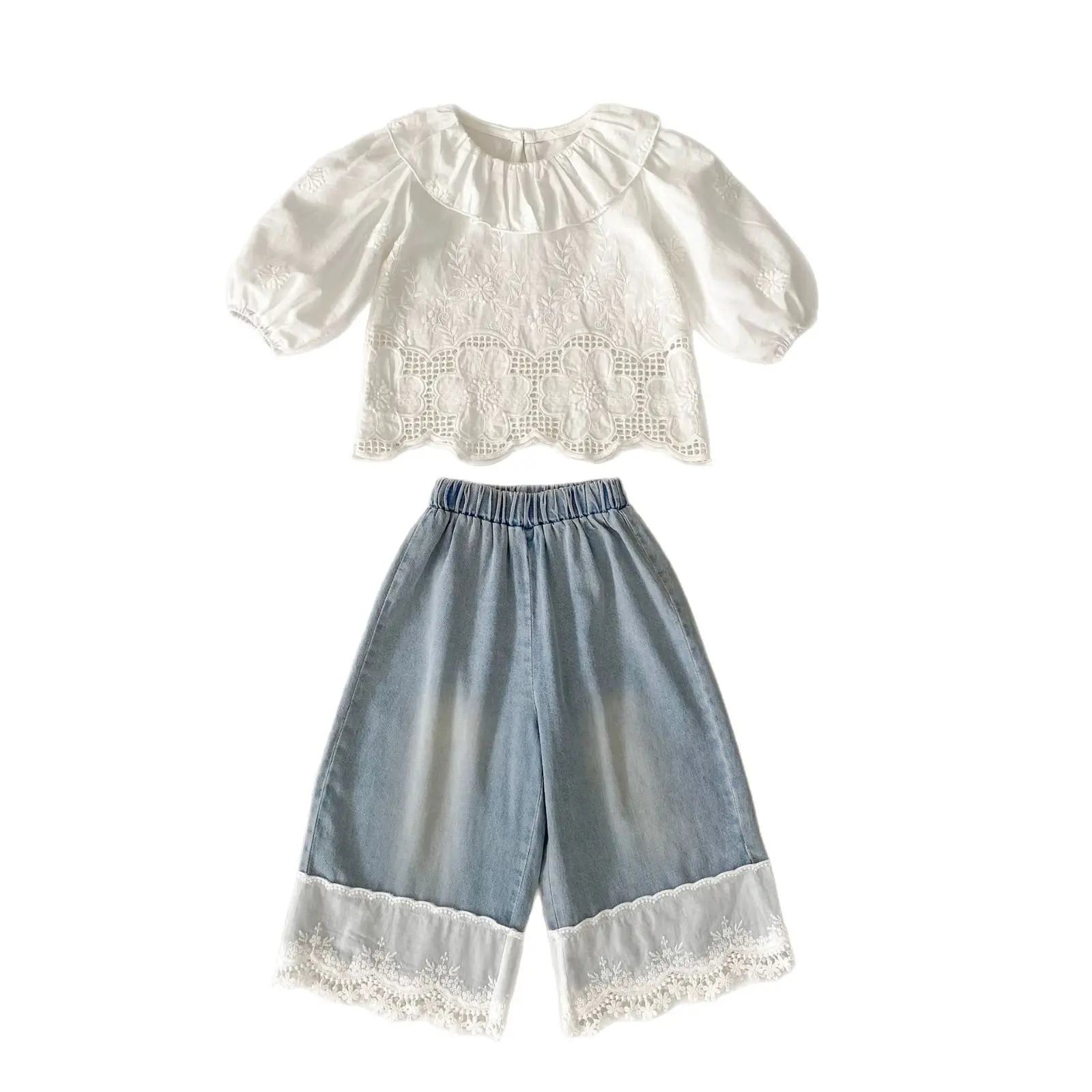2025 Autumn Fashion Girls' Set New Women's Treasure Western Style Long Sleeve Shirt Lace Wide Leg Jeans Two Piece Set
