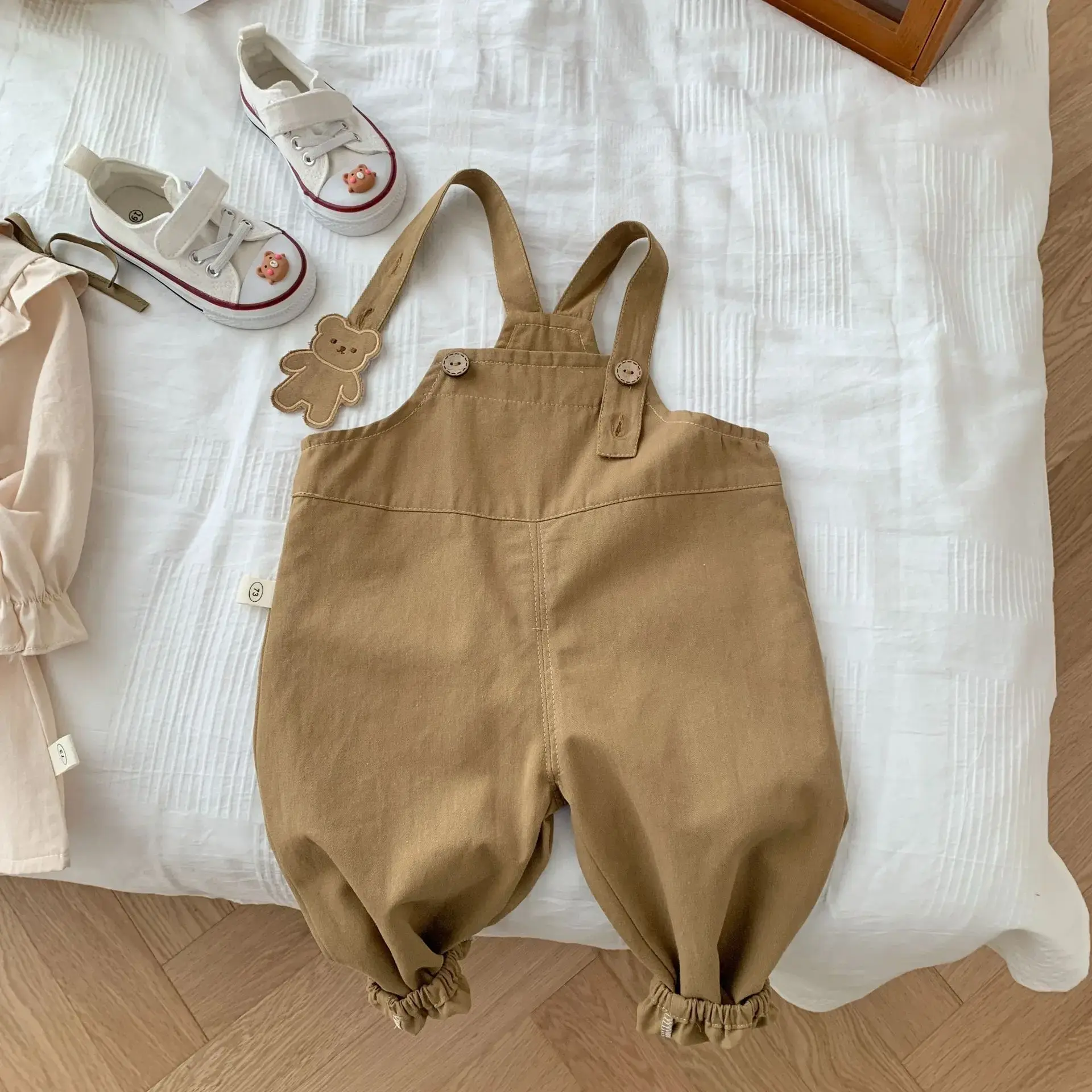 Autumn Kids Baby Girls Peter Pan Collar Embroidered Bear Knee-Length Dress or Shirt, Toddler Strap Overalls for Children Clothes