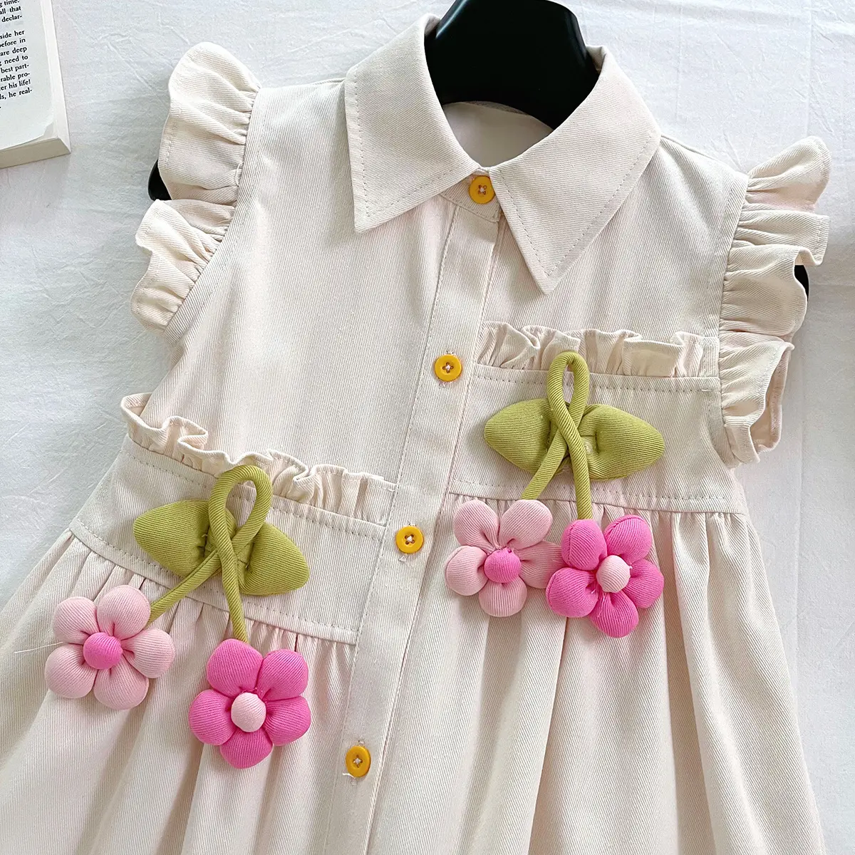 2025 summer new Korean version girls' sleeveless lining dress, baby shirt collar, sunflower children's fashion dress