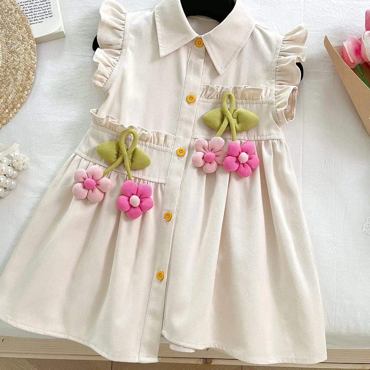 2025 summer new Korean version girls' sleeveless lining dress, baby shirt collar, sunflower children's fashion dress