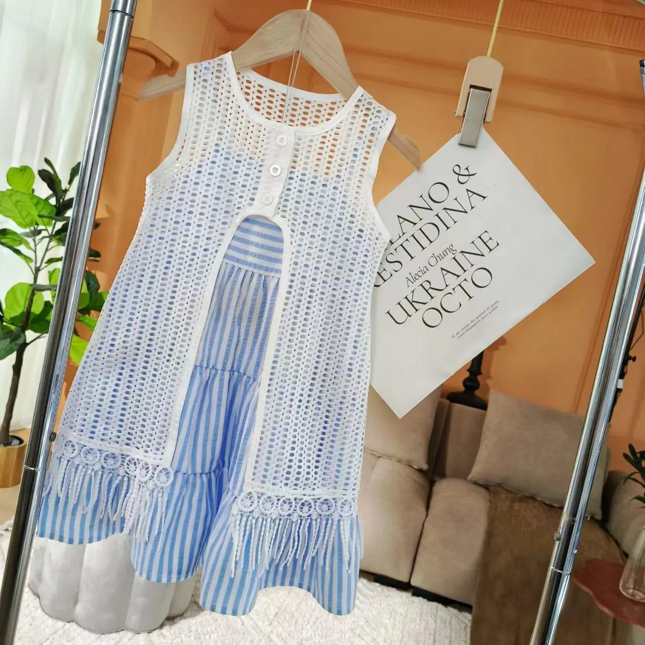 New striped camisole dress set for girls in summer 2025, fashionable cover up dress, summer hat gift