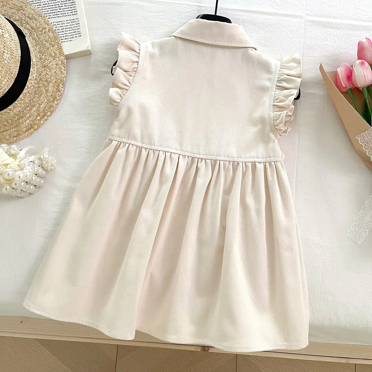 2025 summer new Korean version girls' sleeveless lining dress, baby shirt collar, sunflower children's fashion dress