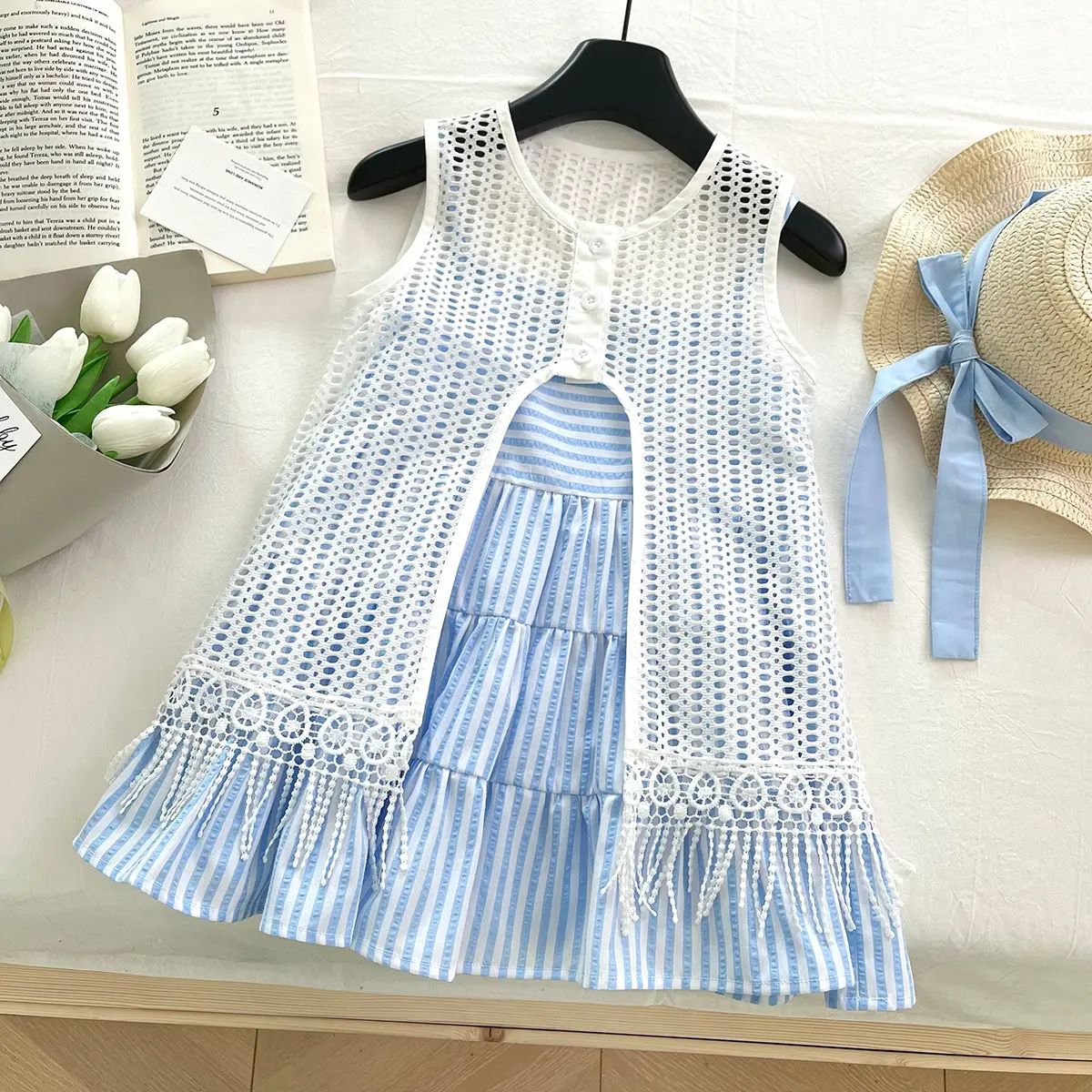 New striped camisole dress set for girls in summer 2025, fashionable cover up dress, summer hat gift