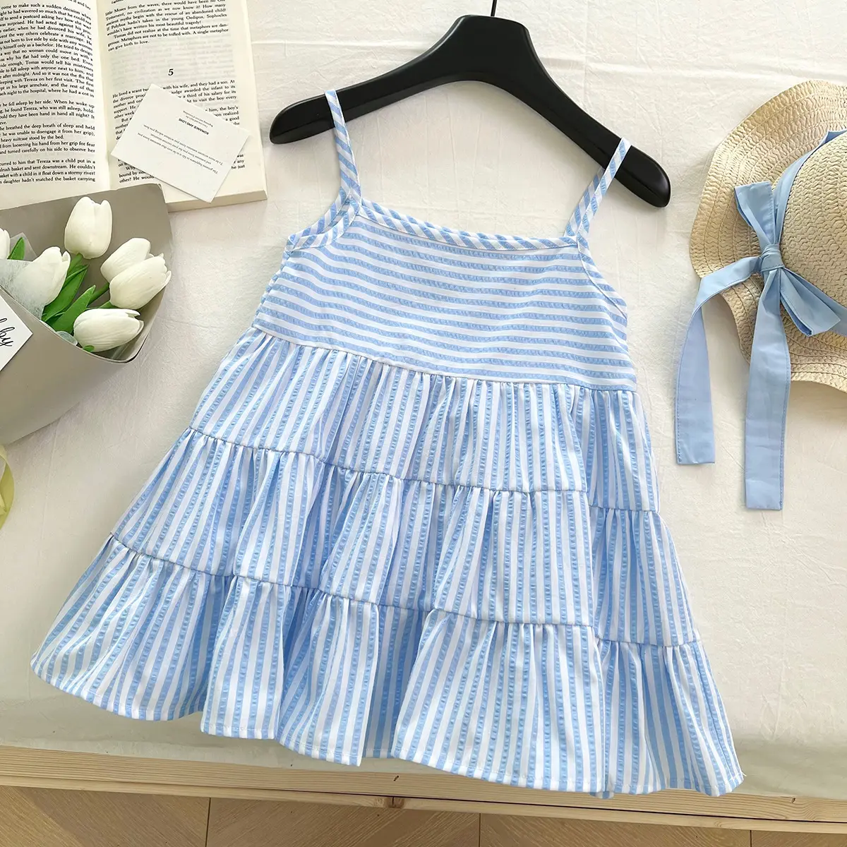 New striped camisole dress set for girls in summer 2025, fashionable cover up dress, summer hat gift