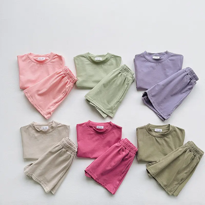 Korean Candy Colored Children's Clothing Pure Cotton Casual Sports Set Ins Baby Summer Loose Short Sleeved Pants Two-piece Set