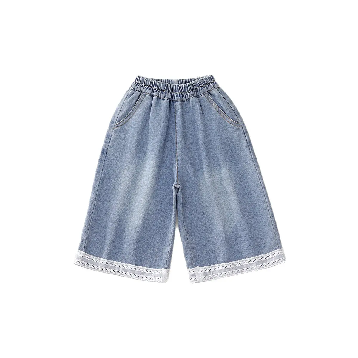 Girls' Loose Casual Jeans 2025 Summer New Children's Korean Version Lace and Lace Denim Wide Leg Pants