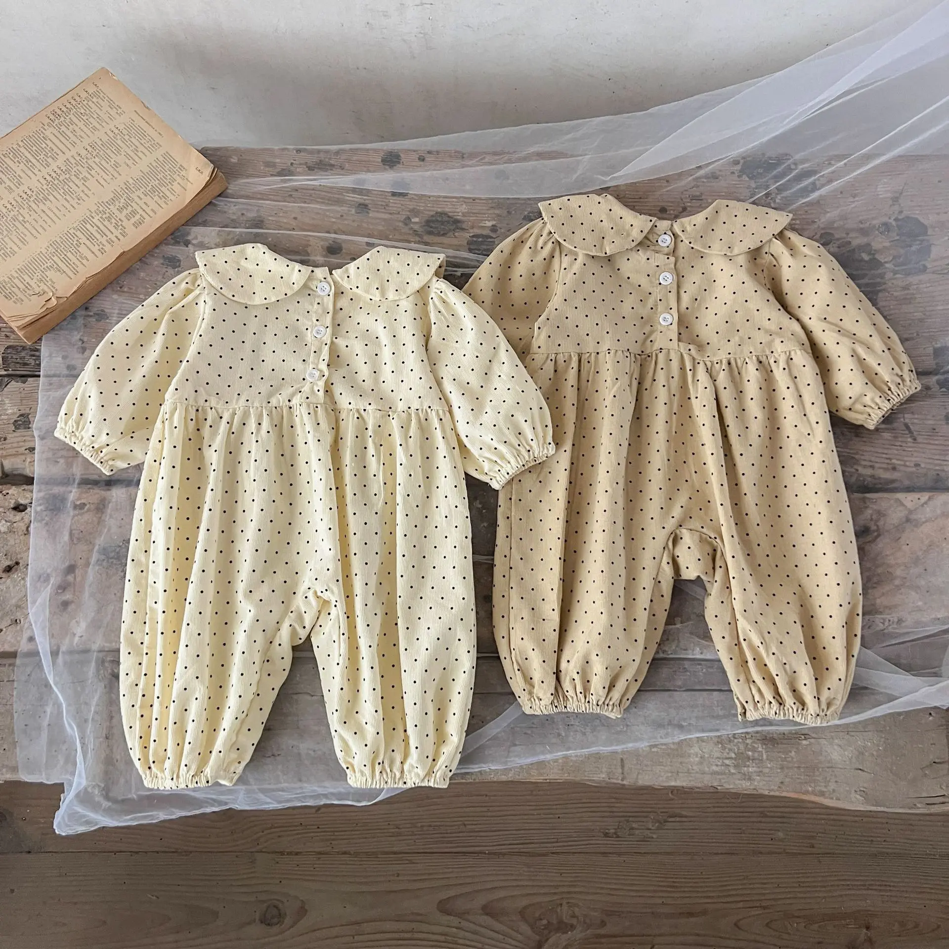 Ins New Baby Jumpsuit Autumn Versatile Lapel Polka Dot Bag Fart Clothes for Girls Baby Corduroy Ha Clothes Long Crawling