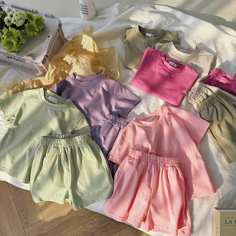 Korean Candy Colored Children's Clothing Pure Cotton Casual Sports Set Ins Baby Summer Loose Short Sleeved Pants Two-piece Set