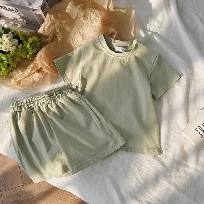 Korean Candy Colored Children's Clothing Pure Cotton Casual Sports Set Ins Baby Summer Loose Short Sleeved Pants Two-piece Set