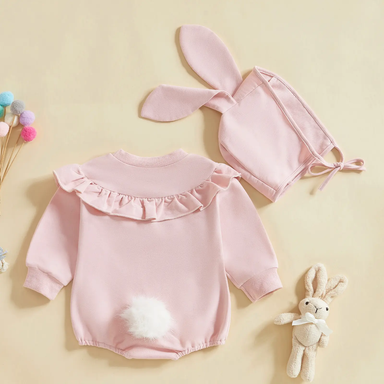 New Baby Easter Jumpsuit Solid Color Long Sleeved Khat, Women's Baby Lace Collar Bag Fart Jacket+rabbit Ear Hat