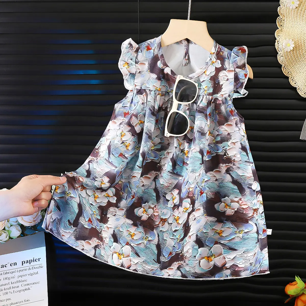 Girls' summer dress 2025 new style flying sleeve vest skirt, baby girl chiffon children's floral dress, children's skirt