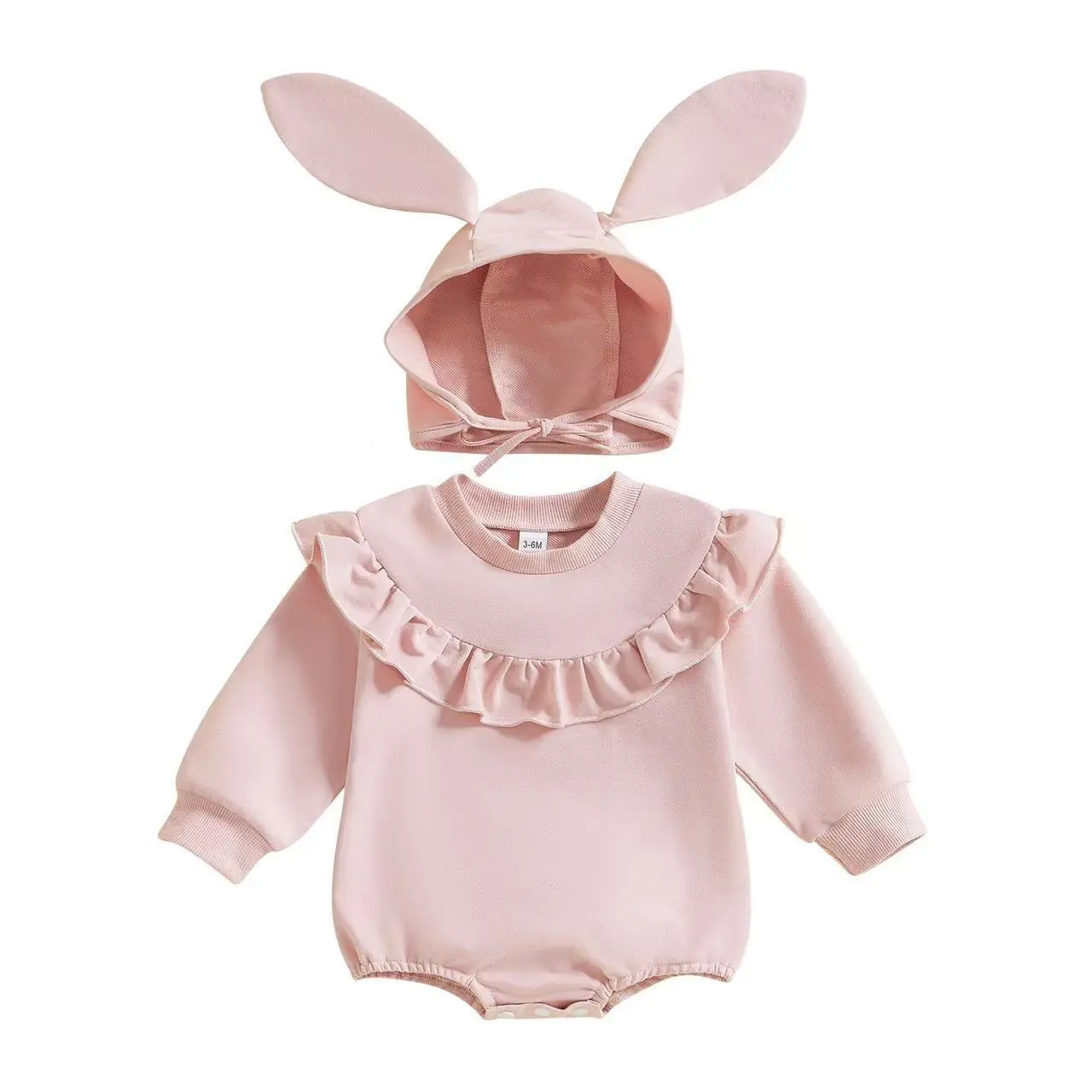 New Baby Easter Jumpsuit Solid Color Long Sleeved Khat, Women's Baby Lace Collar Bag Fart Jacket+rabbit Ear Hat