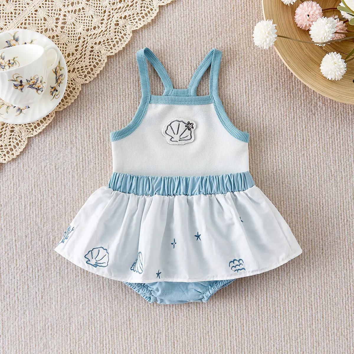 Summer Infant Strap Set 2025 New Female Baby Stylish Set Shell Strap Top+Shorts