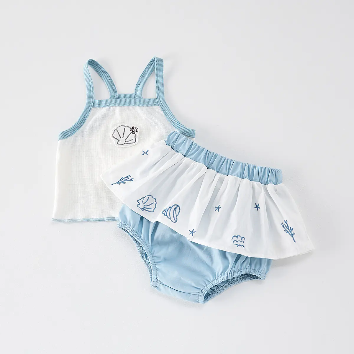 Summer Infant Strap Set 2025 New Female Baby Stylish Set Shell Strap Top+Shorts
