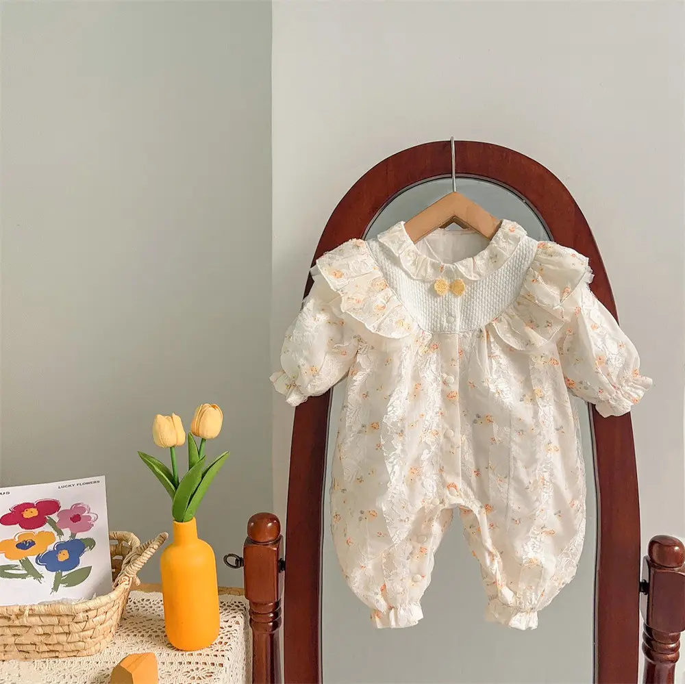 2025 Autumn New in Infant Princess Style Cute Clothing Kids Ruched Floral Lace Jumpsuits Newborn Baby Outfits Romper 0-24M
