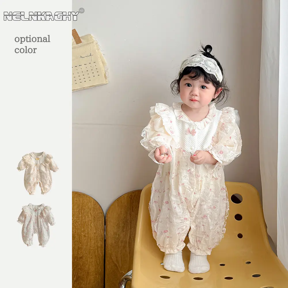 2025 Autumn New in Infant Princess Style Cute Clothing Kids Ruched Floral Lace Jumpsuits Newborn Baby Outfits Romper 0-24M