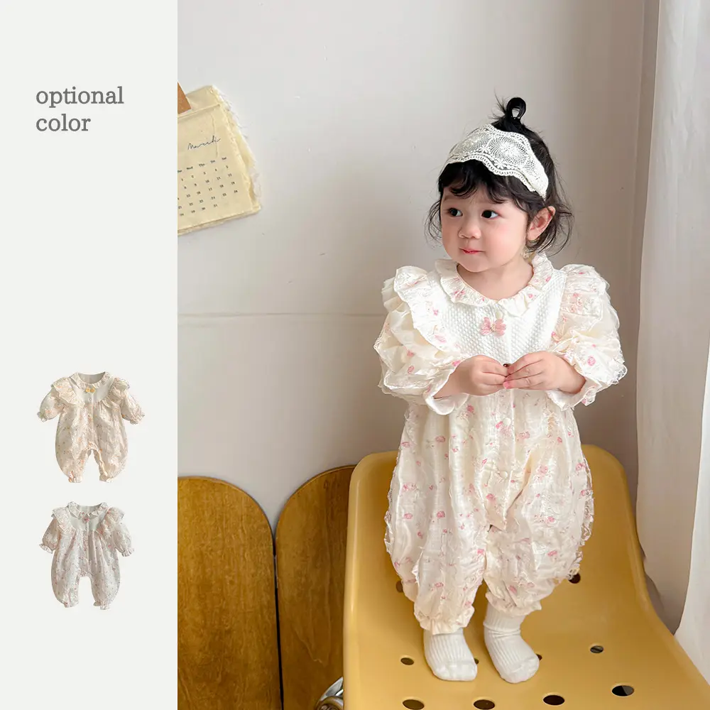 2025 Autumn New in Infant Princess Style Cute Clothing Kids Ruched Floral Lace Jumpsuits Newborn Baby Outfits Romper 0-24M