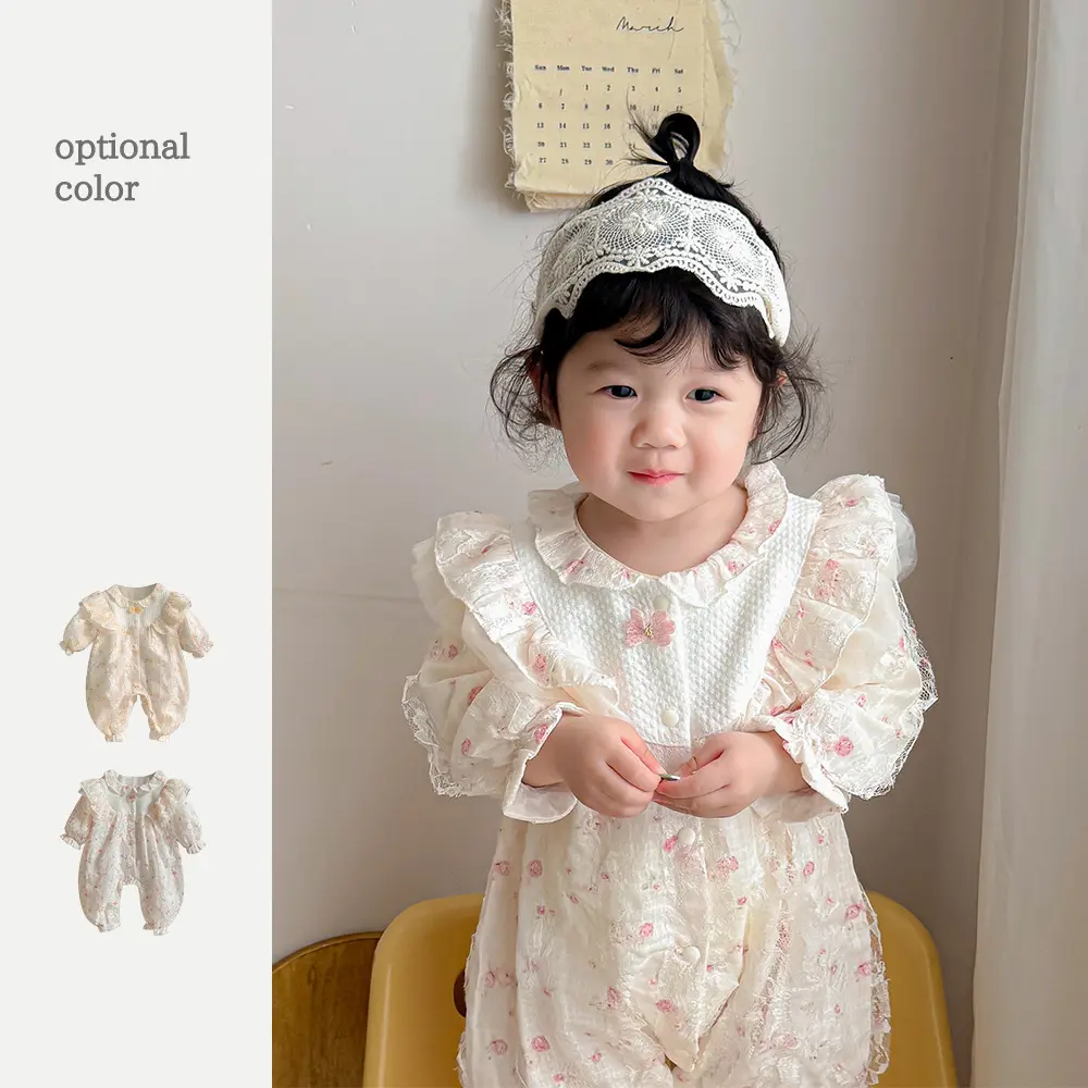 2025 Autumn New in Infant Princess Style Cute Clothing Kids Ruched Floral Lace Jumpsuits Newborn Baby Outfits Romper 0-24M